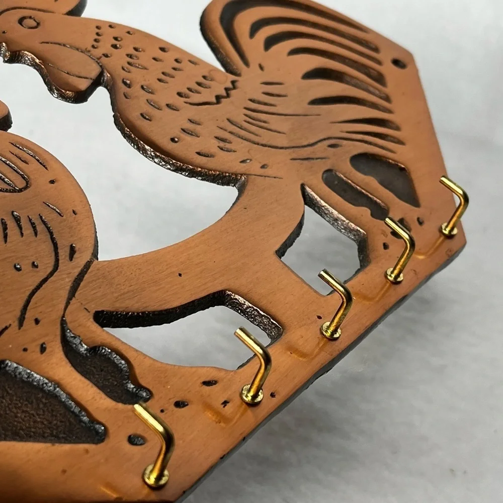 Cast Iron Copper Plated Double Rooster‎ Five Key Hook Holder 11”x6.5”